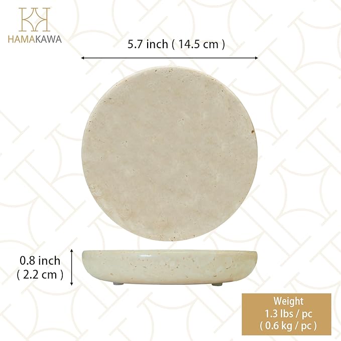 Natural Marble Round Jewelry Tray 5.5 inch, Beige Travertine Accent Dish for Rings, Keys, Earrings and Soap, Ideal Gift for Women