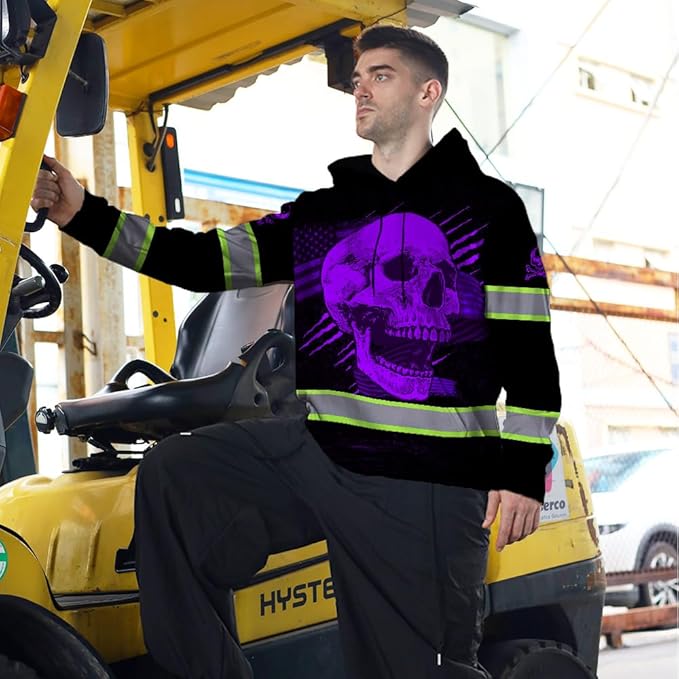 Matedecor Skull US Flag Reflective High Visibility Hoodie For Men Construction Hi Vis Safety Workwear Custom Name