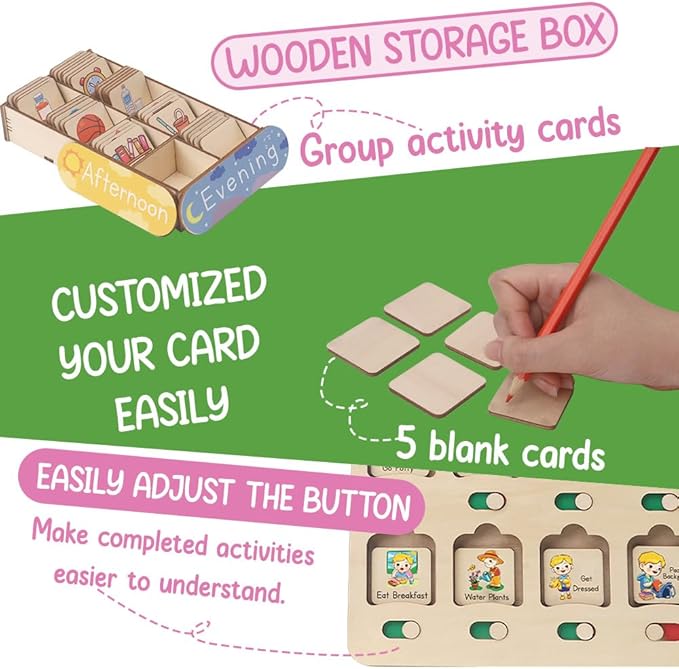 Personalized Wooden Daily Routine Chart, Visual Schedule, Routine Chart for Toddlers, Morning Bedtime Routine Chart for Toddlers (03)