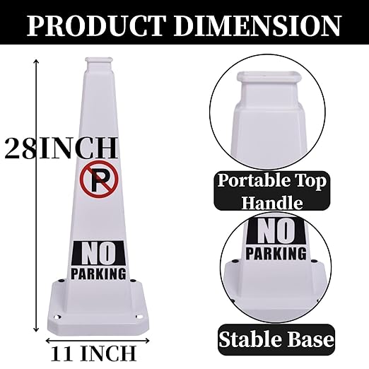 BESEA No Parking Cone 3 Pack, 28" No Parking Sign Cone with Weighted Base, White 4-Sided “ NO Parking” Warning Cone for Driveways Business Parking Lots Garages Indoor/Outdoor
