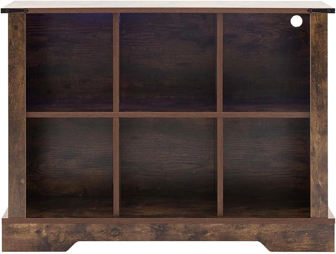 6 Cube Bookcase, Wooden Cube Storage Organizer Shelf, Brown Horizontal Book Shelf with LED Lights, Freestanding Display Cabinet for Living Room, Bedroom, Home Office