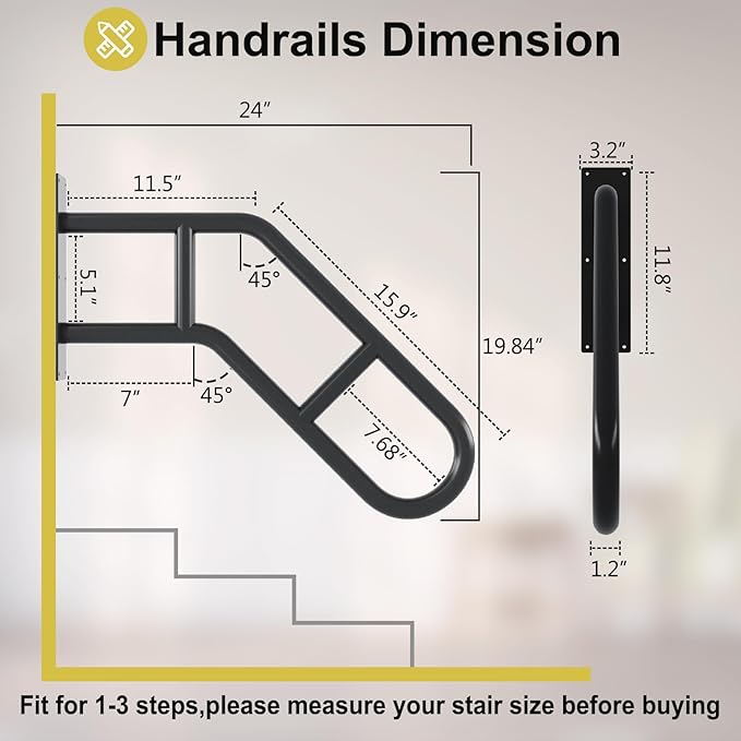 Handrails for Outdoor Steps, Stair Railing Indoor 1-3 Step, Hand Rails for Elderly, Porch Railing & Deck Hand Rail Wall Mount Stair Hand Grab Bars, 2 Pack U-Shape Safety Handle for Garage, Porch