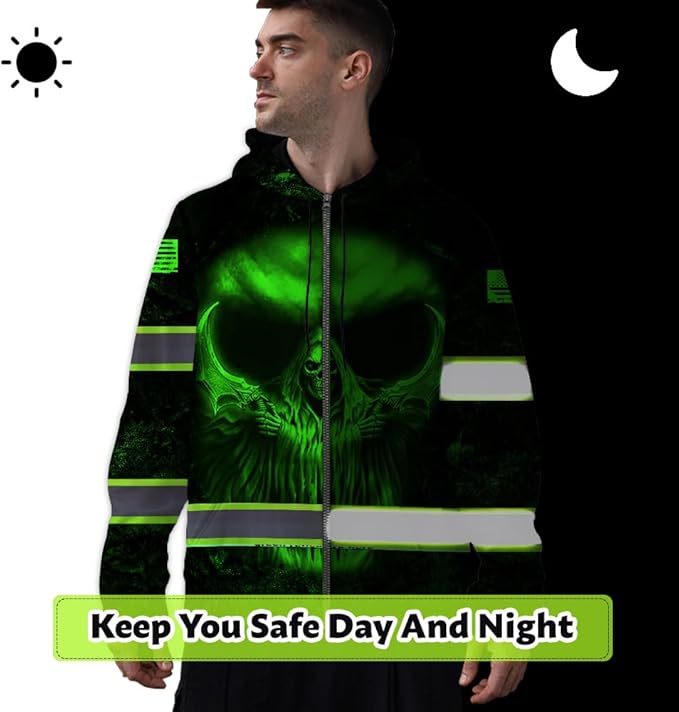 Maddly Hi Vis Reflective Zip Up Hoodie, High Visibility Safety Jacket with Skull Design for runner, worker, trucker, cyclist