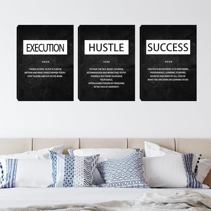 Success Hustle Execution Inspirational Wall Art Canvas Print Office Decor Inspiring Framed Prints on Canvas Motivational Posters Quotes Artwork Modern Wall Art Decoration Ready to Hang 16"x24"x3