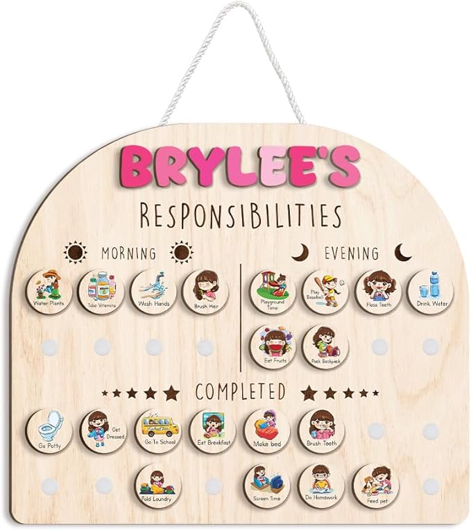 Wooden Chore Chart for Kids Visual Schedule, Routine Chart for Kids, Morning Bedtime Routine Chart for Toddlers Ages 2-4, Daily Kids Schedule Board for Home (09)