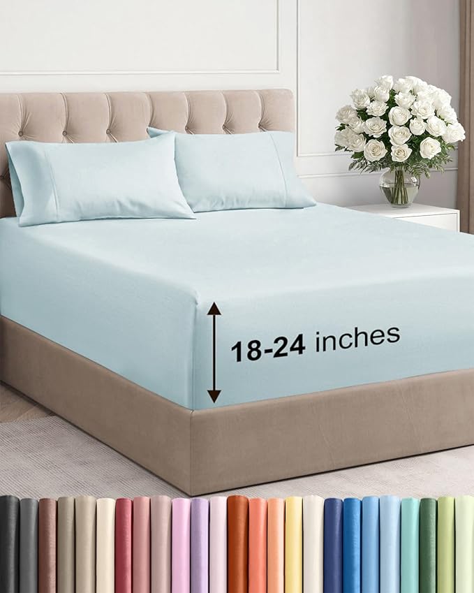 Extra Deep Twin XL Sheet Set - 4 Piece Breathable & Cooling Sheets - Hotel Luxury Bed Sheets Set - Easy & Secure Fit - Soft, Wrinkle Free & Comfy Sheets Set - Ice Blue Sheet Set w/Extra Deep Pockets