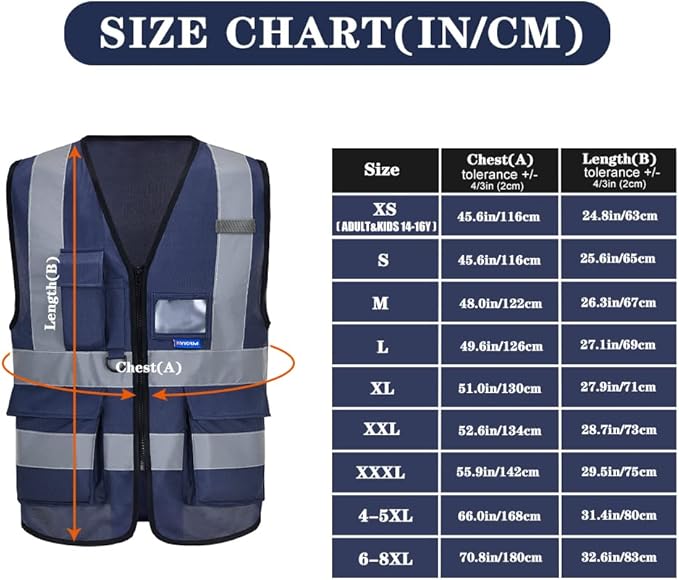 navy blue safety vest with zipper pockets