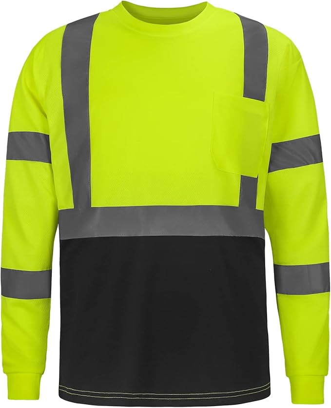 High Visibility Class 3 T Shirts，Hi Vis Safety Shirts with Reflective Strips and Pocket, Long Sleeve Quick Dry Mesh Construction Work Shirt for Men/Women Black Bottom Lime，6XL