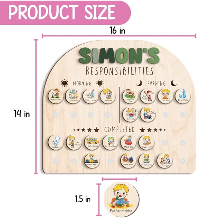 Wooden Chore Chart for Kids Visual Schedule, Routine Chart for Kids, Morning Bedtime Routine Chart for Toddlers Ages 2-4, Daily Kids Schedule Board for Home (09)