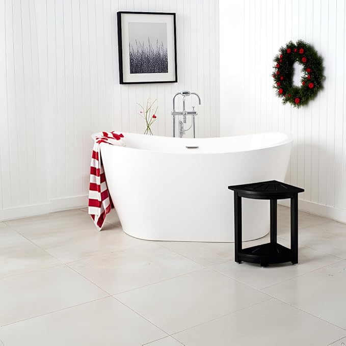Acacia Wood Corner Shower Stool - Waterproof Triangular Bathroom Bench with Storage Shelf & Soap Dish for Shaving, Black Wood (17.9x12.7x16.5)