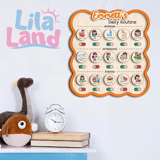 Personalized Wooden Chore Chart for Kids, Daily Routine Chart for Toddlers, Visual Schedule for Kids Age 3-5, Morning Bedtime Routine for Girls (06)