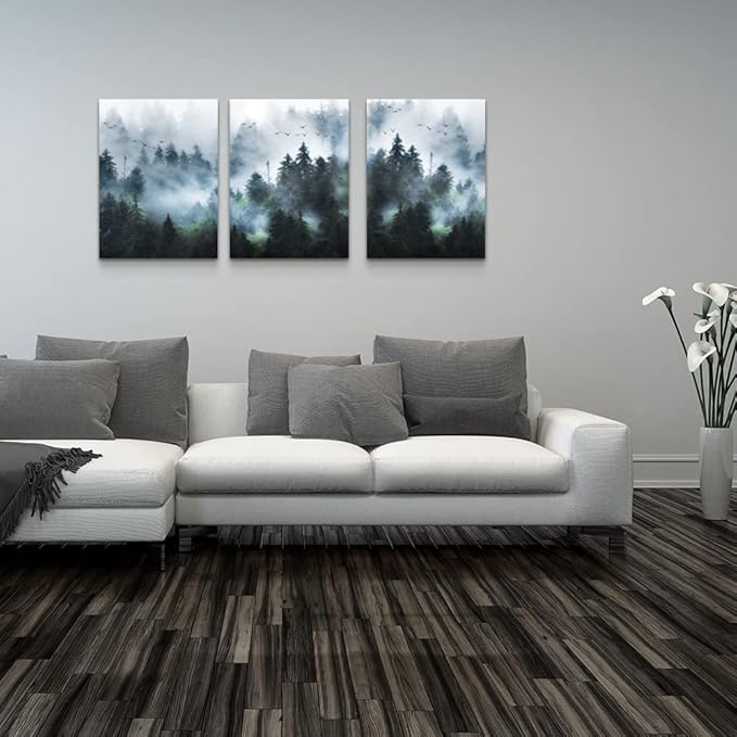 DZRWUBHS Canvas Wall Art - Modern Family Decor For Living Room, Bedroom & Office - Foggy Forest Trees Landscape Wall Painting - 3 Piece Set