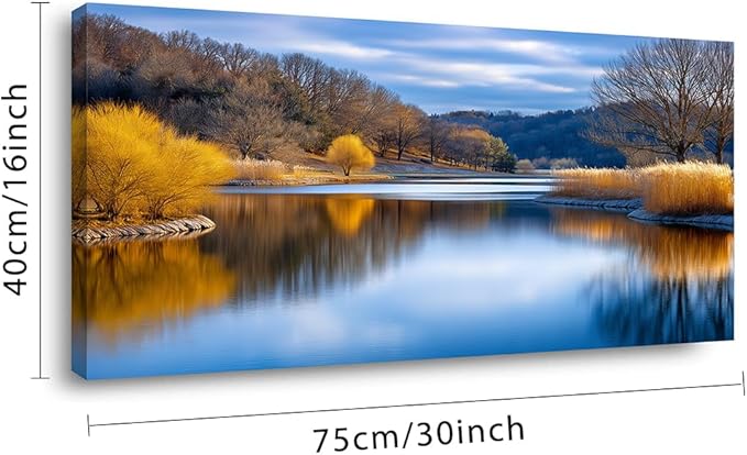 Beautiful Yellow Forest Park Wall Art for Living Room Office Calm Lake Blue Painting Prints Nature Autumn Canvas Artwork Over The Couch Bedroom Decor