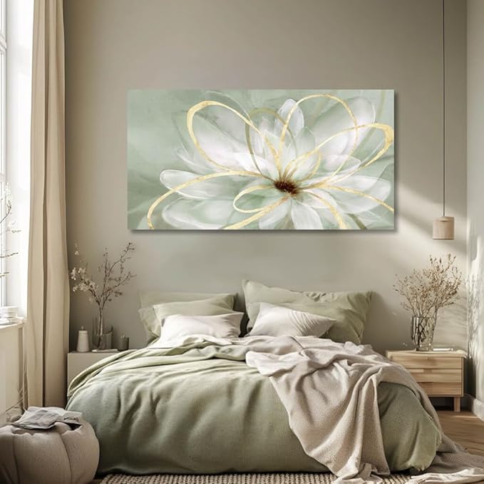Artexist Flower Wall Decor White Blossom Plant Gold Line Canvas Painting Modern Hand Painted Wall Art for Living Room Bedroom Office 29x58 Inch