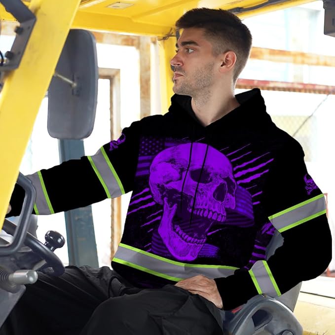 Matedecor Skull US Flag Reflective High Visibility Hoodie For Men Construction Hi Vis Safety Workwear Custom Name