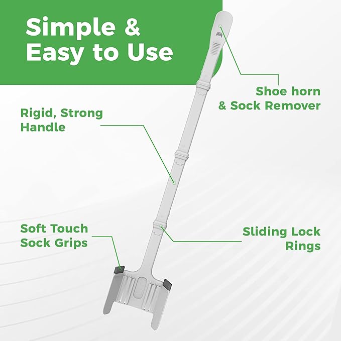 Sock Ox by Easy To Use Products, adjustable sock aid device for seniors, not for compression socks, travel-friendly for elderly with built-in shoe horn, up to 36 inches in length