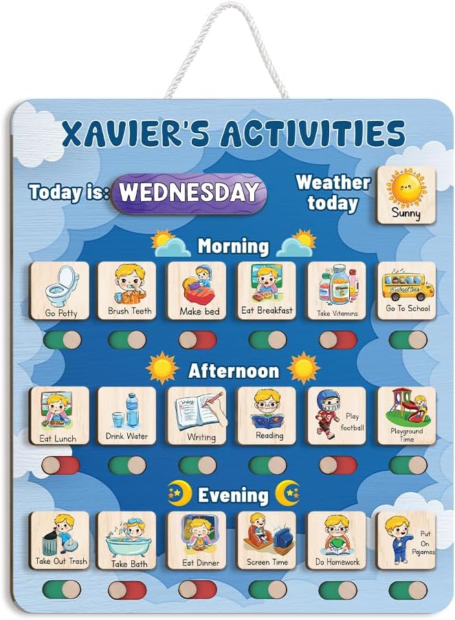 Personalized Wooden Daily Routine Chart 12x14", Visual Schedule, Daily Responsibilities for Kids, Morning Bedtime Routine Chart for Toddlers (11)