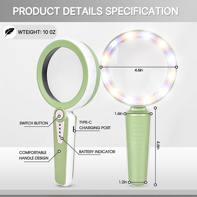 45X Magnifying Glass with Light, 6 Color Modes, 1200mAh Rechargeable, 4.6In Large Handheld Magnifier for Low Vision Seniors, Reading, Hobbies - Green