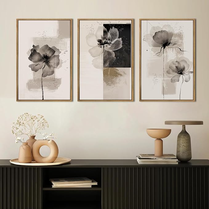 IARTTOP Framed Black Neutral Large Canvas Wall Art 16x24 Inch Minimalist Abstract White Tan Brown Flower Wall Decor Set of 3 for Living Room Bedroom Dining room