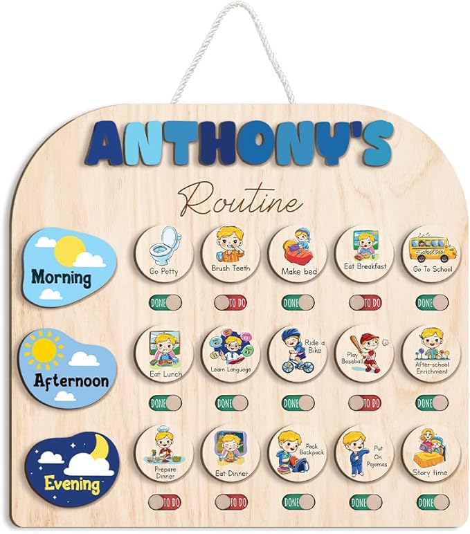 Wooden Chore Chart for Kids Visual Schedule, Routine Chart for Kids, Morning Bedtime Routine Chart for Toddlers Ages 2-4, Daily Kids Schedule Board for Home (17)