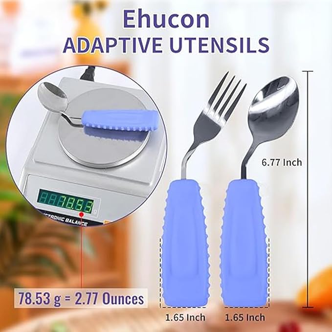 Adaptive Utensils,Parkinson’s Spoon, Handicap Aid, Angled Silverware Spoon and Fork Set for Elderly, Arthritis, Dementia, Disable, Handicapped Hands(Left Hand,Pack of 2,Purple)