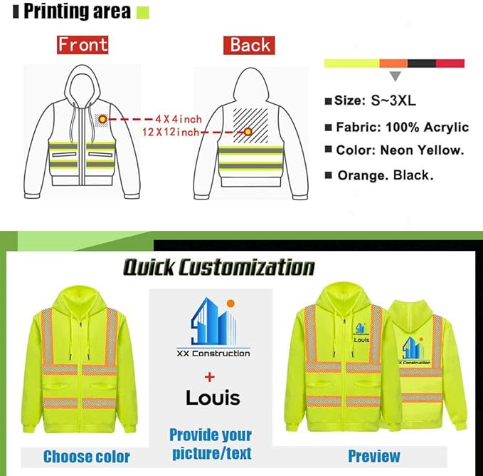 YOWESHOP High Visibility Reflective Safety Hoodie Jacket With Removable Sleeves Hi Vis Outdoor Protective Workwear Unisex