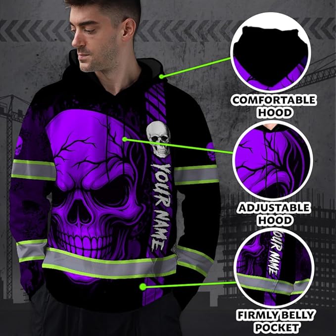 Matedecor Skull US Flag Reflective High Visibility Hoodie For Men Construction Hi Vis Safety Workwear Custom Name