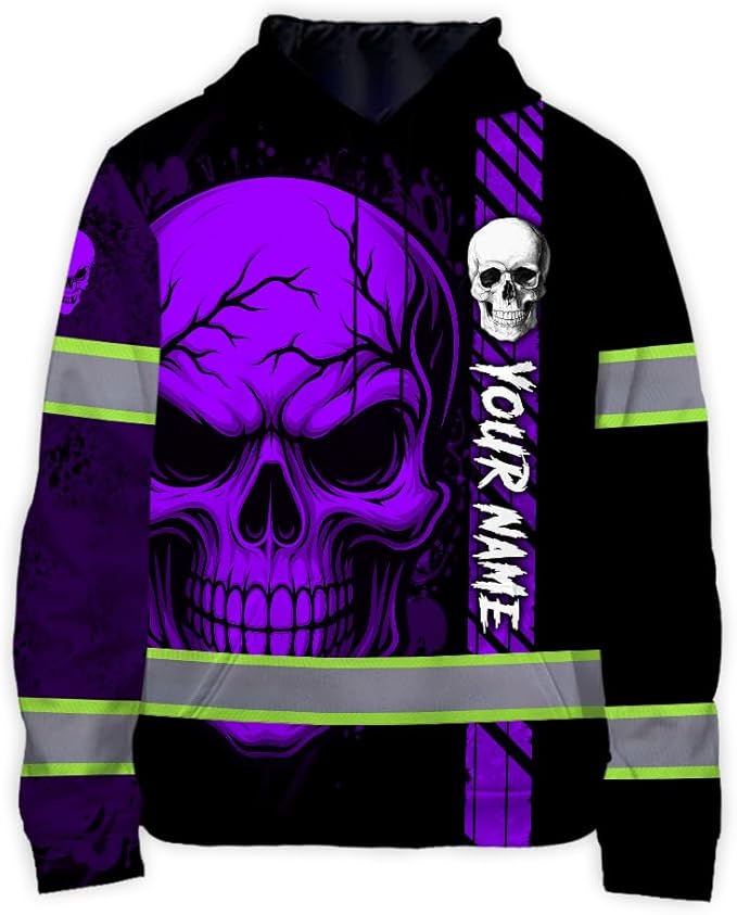 Matedecor Skull US Flag Reflective High Visibility Hoodie For Men Construction Hi Vis Safety Workwear Custom Name