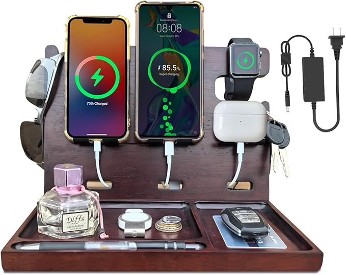 USB Charging Station for Multiple Devices Wood Phone Docking Station with QC3.0 & PD 22.5W Type c Charger Fast Charging for iPhone Samsung Google Andriod Smart Watch Earbuds Gifts for Men