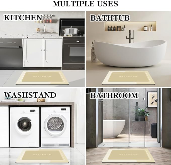 Bath Mat, Bathroom Mat Rugs Super Absorbent Shower Mats Non Slip Quick Dry Thin Rubber Mats for Bathroom Floor Fit Under Door, Shower Rug for Bathtub, Shower, Beige