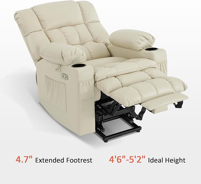 MCombo Dual Motor Small Power Lift Recliner Chair for Elderly, Lay Flat Lift Chair with Heat and Massage, Petite Lift Chair, Cup Holders, Faux Leather 7893 (Cream White, Small)