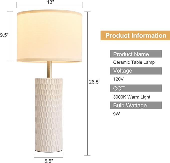 26.5" Ceramic Table Lamp, Table Lamp for Living Room, White Lamp for Bedroom, Night Stand Lamps, Modern Bedside Lamp Set of 2, End Table Lamps, White