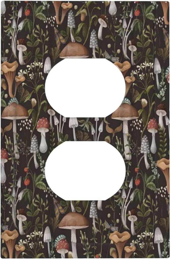 Rustic Vintage Boho Plant Mushroom Floral Leaf 1 Gang Duplex Outlet Cover Decorative Single Wall Plate Electrical Receptacle Light Switch Cover Dimmer Swithplate Faceplate for Country Bathroom Kitchen