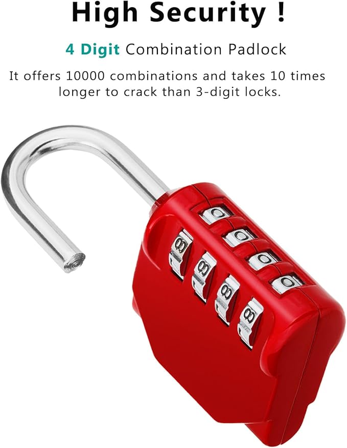 ZHEGE Combination Lock, 4 Digit Outdoor Combination Padlock for Gym, School, Gates, Doors, Hasps and Storage (Red)