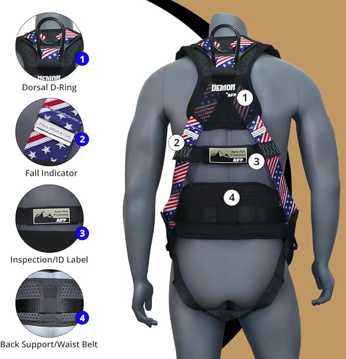 AFP Demon Comfortable Fall Protection Harness Kit – OSHA/ANSI PPE Full Body Safety Harness for Construction Work