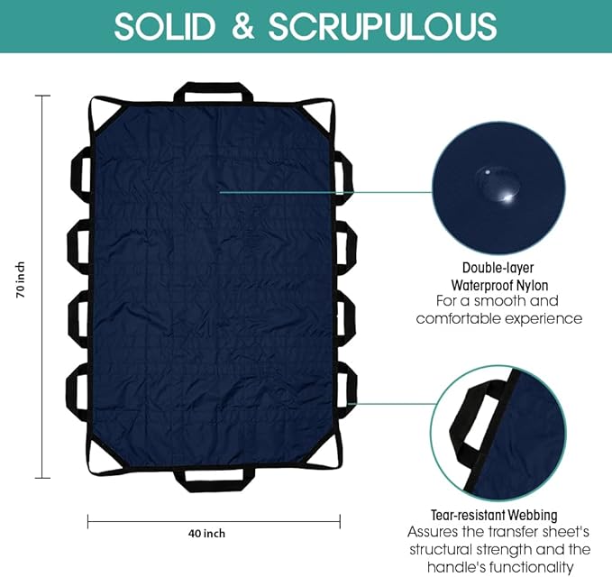 70" x 40" Positioning Bed Pad with Handles Washable Draw Sheets for Hospital Bed Ridden Patient Clothes Waterproof Glide Sheets for Patients Moving Pad for Lifting &Transfer Sheet Nylon, Blue
