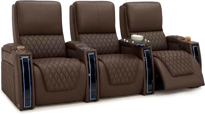 Seatcraft Apex Home Theater Seating, Living Room, Powered Headrest, Powered Lumbar, Powered Recline, Italian Leather, USB Charging, Row of 3, Brown