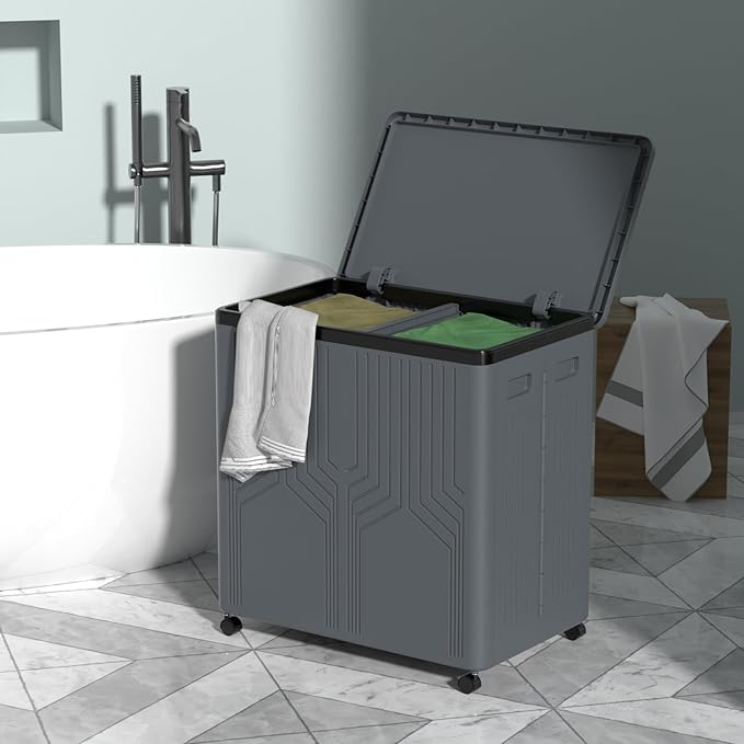 120 L Double Plastic Laundry Hamper with Wheels, Collapsible 2 Section Laundry Hamper with Lid, Grey