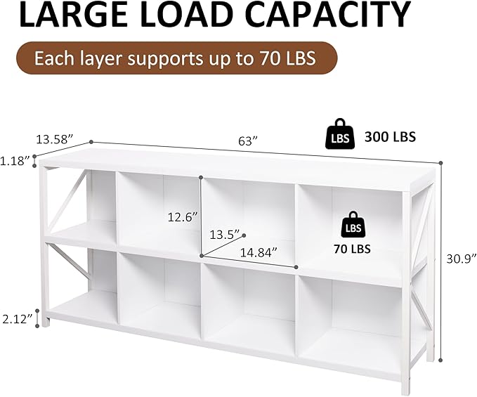 8 Cube Storage Organizer Bookshelf, Industrial Horizontal Bookcase, Accent Cubby Shelf, Media Console Table for Living Room, Home Office, 13.6" D x 63" W x 30.9" H, White