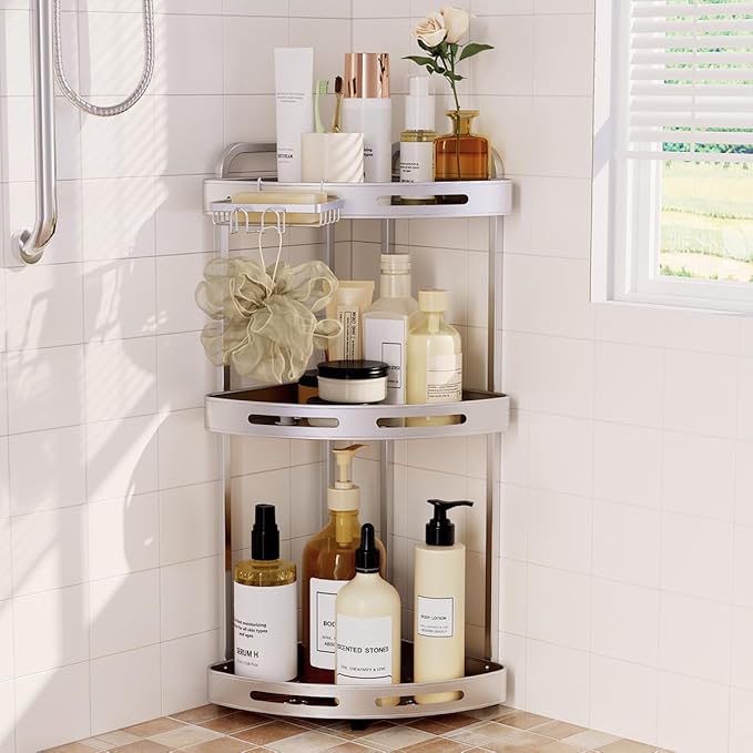 Corner Shower Caddy Standing, 3-Tier Rustproof Shower Organizer with Soap Holder, Aluminum Shower Shelf Stand for Bathroom Storage, Siver