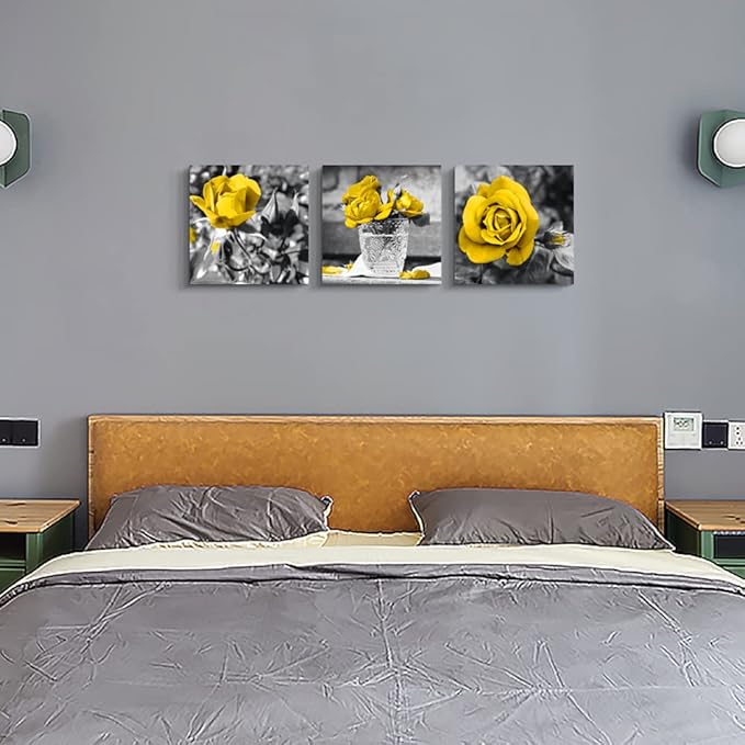 TTHYUEWS Canvas Wall Art For Bedroom Decor Kitchen Living Room Girls Decorations Black And White Pictures Artwork Yellow Rose Flowers Prints Bathroom Home 3 Piece