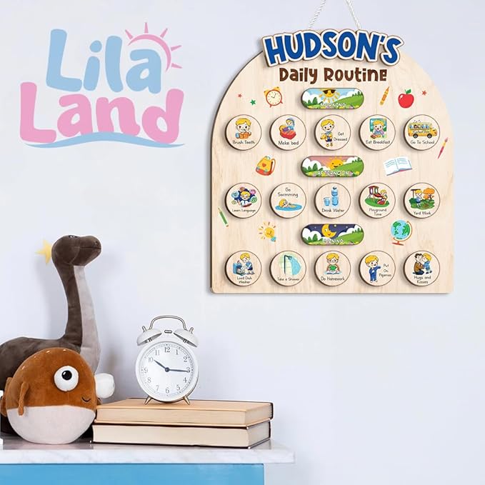Wooden Chore Chart for Boys, Daily Routine Chart for Kids, Visual Schedule, Chore Reward Chart, Bedtime Morning Routine Chart for Toddlers (05)