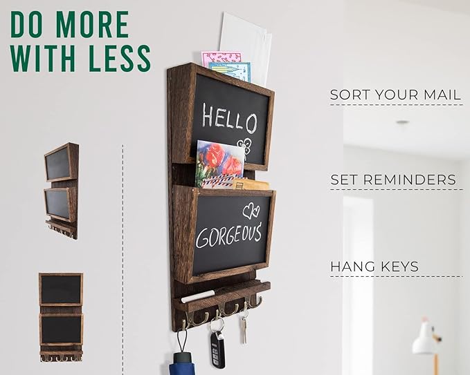 Comfify Rustic 2-Slot Mail Sorter Organizer for Wall with Chalkboard Surface & 3 Double Key Hooks - Wooden Wall Mount Mail Holder Organizer – Entryway Made of Paulownia Wood - Torched Brown