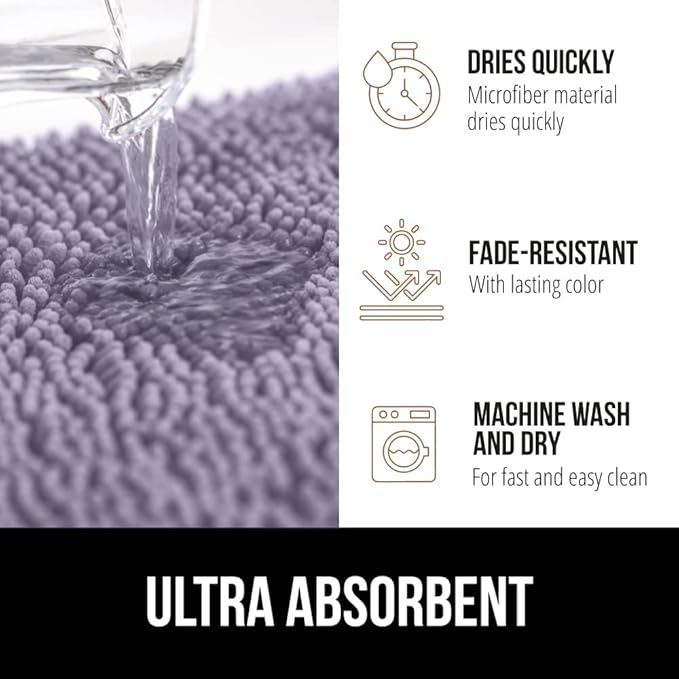 GORILLA GRIP Bath Rug Mat 30x20, Thick Soft Absorbent Chenille, Quick Dry Microfiber Mats, Rubber Backing Washable Shower Floor Rugs, US Designed Bathroom Bathmat Home Decor Accessories, Light Purple