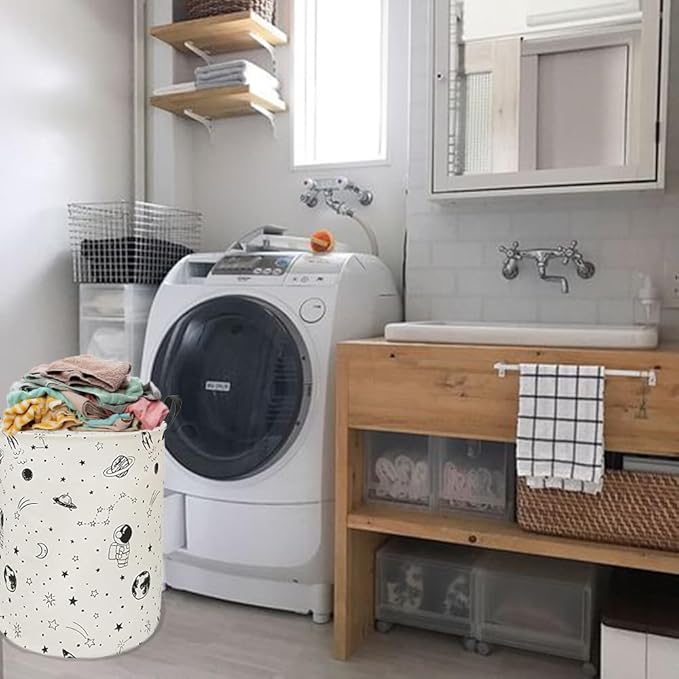 19.7 Inch Round Astronaut Pattern Laundry Clothes Hamper Laundry Basket with Handles,Storage Organizer Bins Laundry Gift Basket for Room, Bedroom Decor