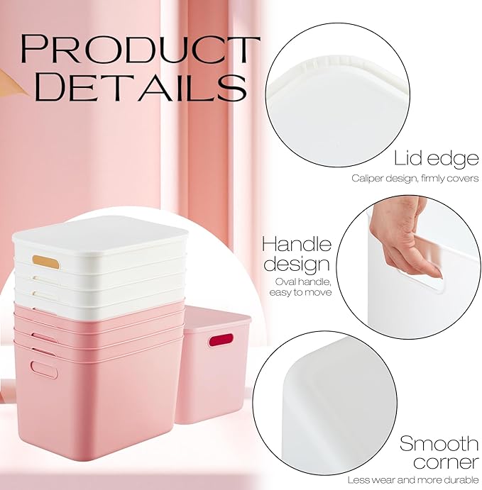 Hoolerry 8 Pieces Colorful Storage Bins with Lid, Plastic Storage Basket Organizing Container Stackable Box with Handle for Shelves Desktop Playroom Office(14.2 x 10.2 x 9.5 Inch,White and Pink)