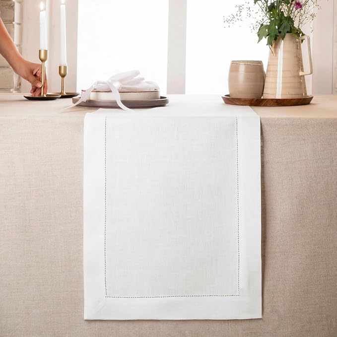 D'Moksha Homes Linen White Table Runner 120 Inches Long - 100% Pure Linen Hemstitch 14 x 120 Inch Table Runner for Dining, Valentines, Spring, Easter - Classic Hemstitch