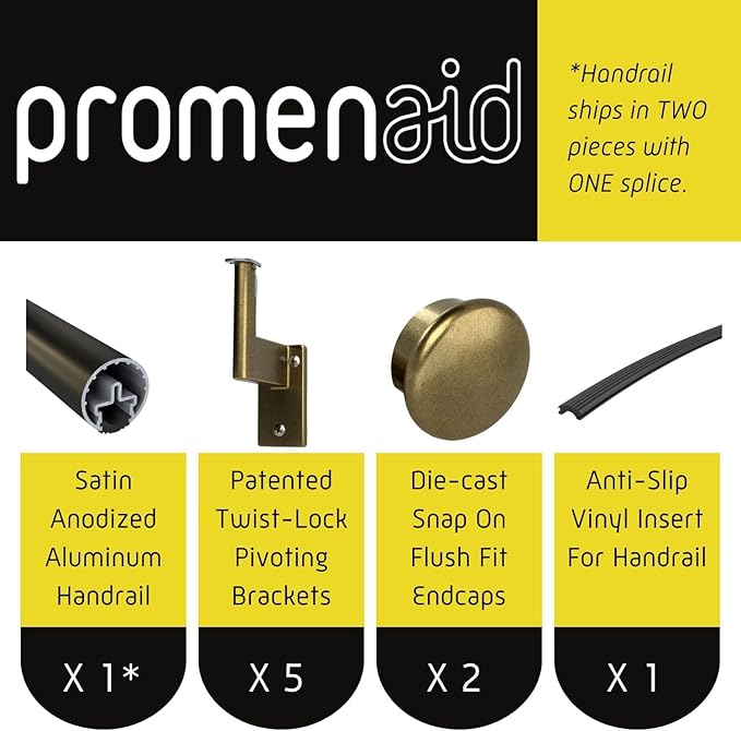 Promenaid 15ft Flush Handrail Kit - Architectural Bronze - Complete Indoor/Outdoor Handrail for Stairs - 1.6" Round Anodized Aluminum Railing With 5 Antique Brass Pivoting Wall Brackets & Flush Endcap