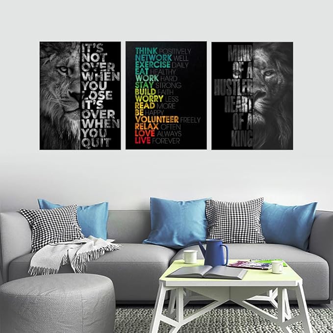 Unbruvo Motivational Office Wall Art Inspirational Canvas Wall Art Lion Picture Print Entrepreneur Quote Wall Painting 3 Pieces Artwork for Living Room Bedroom Classroom Home Decor(72”Wx36”H)