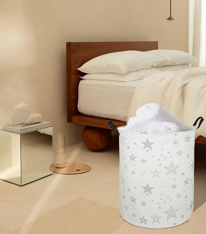19.7 Inch Round Laundry Clothes Hamper Laundry Basket with Handles,Storage Organizer Bins Laundry Gift Basket for Room, Bedroom Decor (Grey Star)